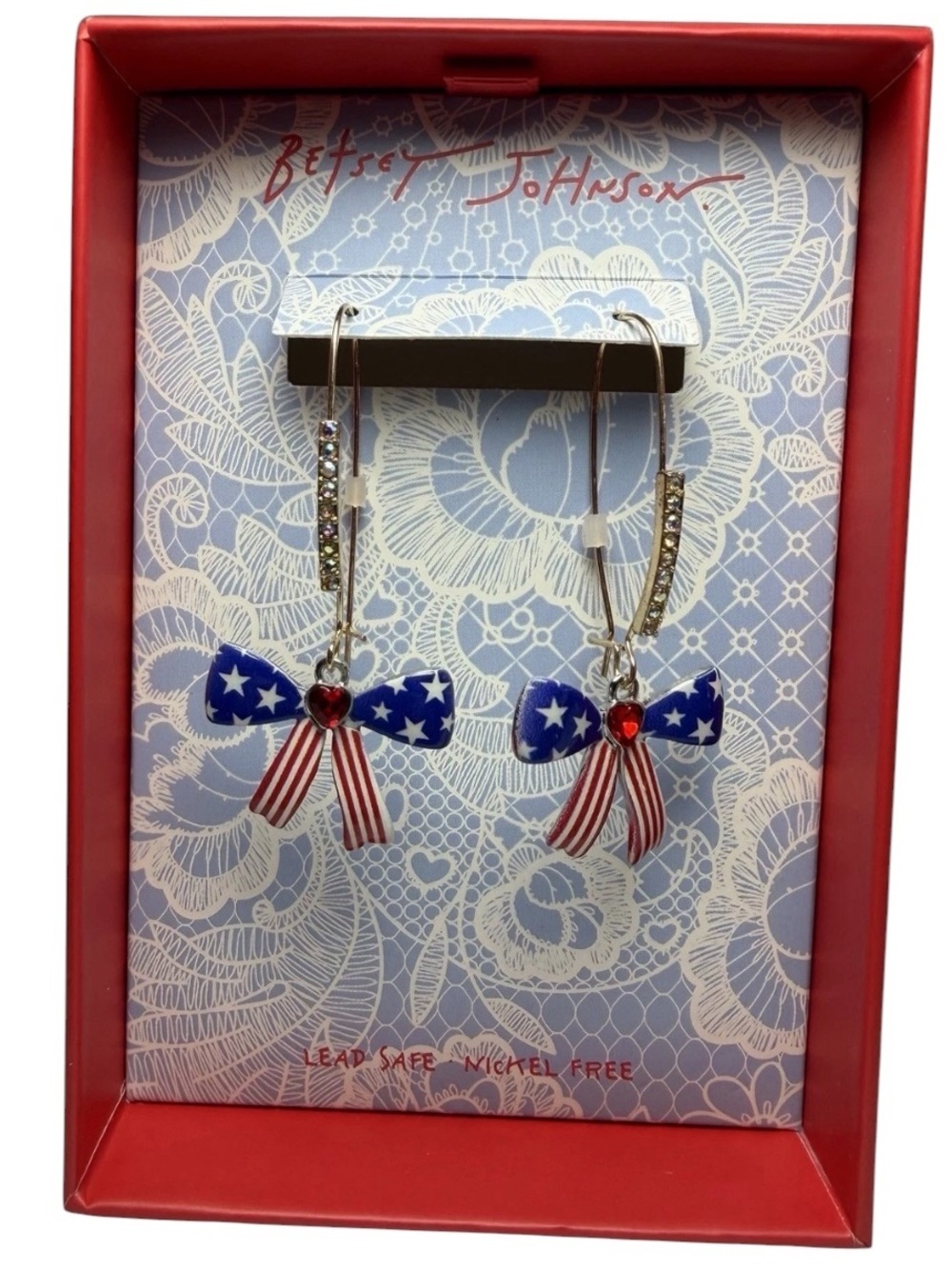BETSEY JOHNSON Americana Patriotic Red, White & Blue Bow Drop Earrings NEW NWT